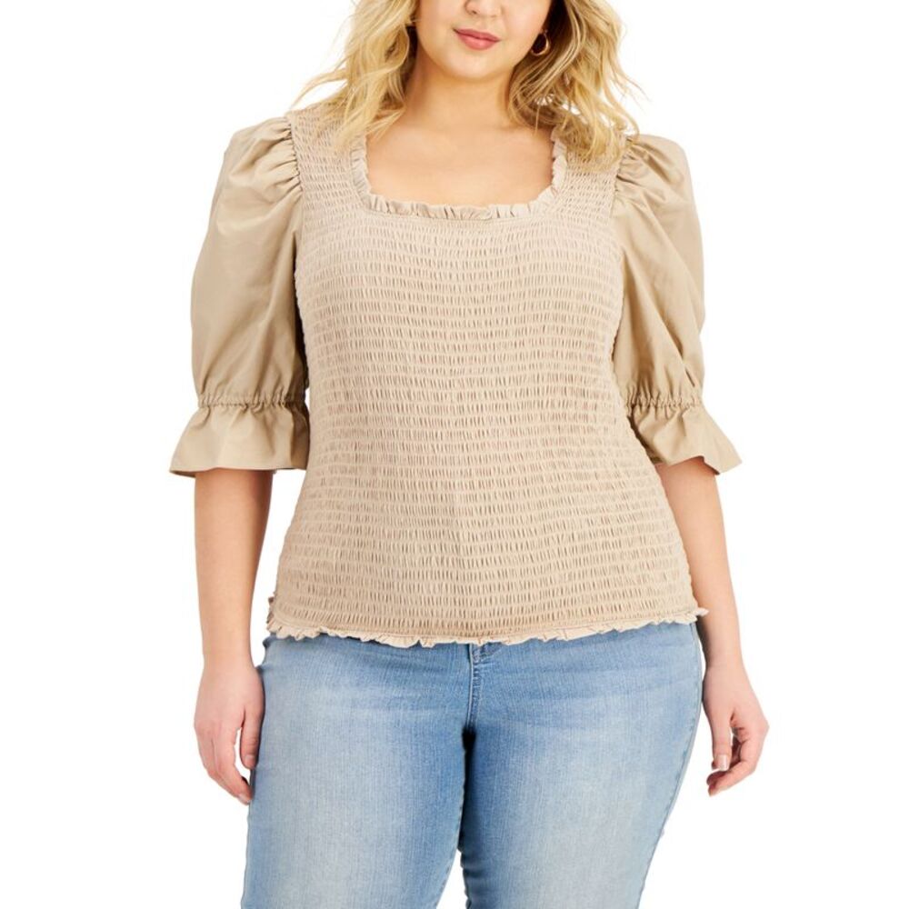 INC International Concepts Plus Size Puff Sleeve Smocked Top